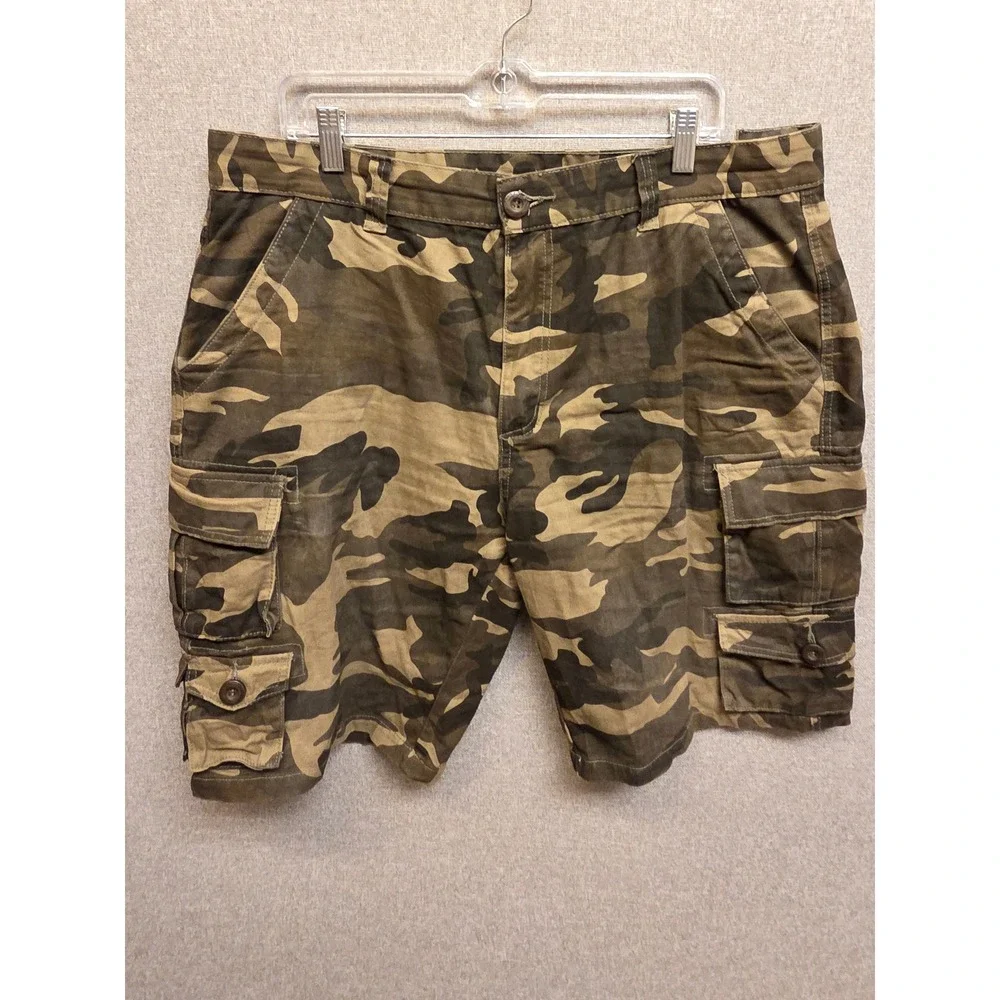 Mens Camo Cargo Shorts Size 38 Green Brown Woodland Camouflage Cotton Utility